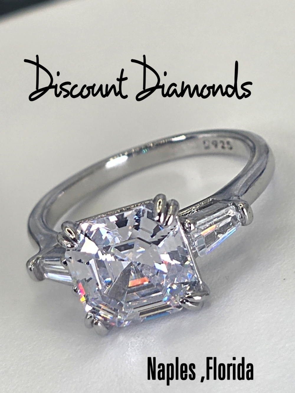 Clear White Diamond & Baguette Diamond Cocktail Ring on 925 Sterling Silver